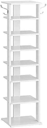 HOOBRO 8 Tiers Vertical Shoe Rack, Wooden Shoe Storage Organizer with Hooks, Narrow Shoe Tower for 8 Pairs, Space Saving, for Entryway, Living Room, Bedroom, White WT07XJ01G1