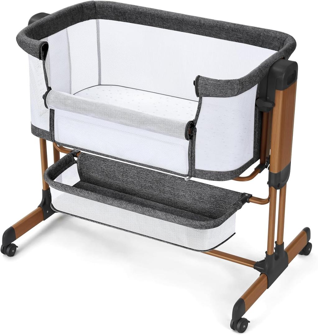 Ezebaby 3-in-1 Baby Bassinet, Rocking Baby Bassinets Bedside Sleeper, Adjustable Portable Crib for Newborn Infant with Wheels Storage Basket and Mesh Sides (Dark Gray)
