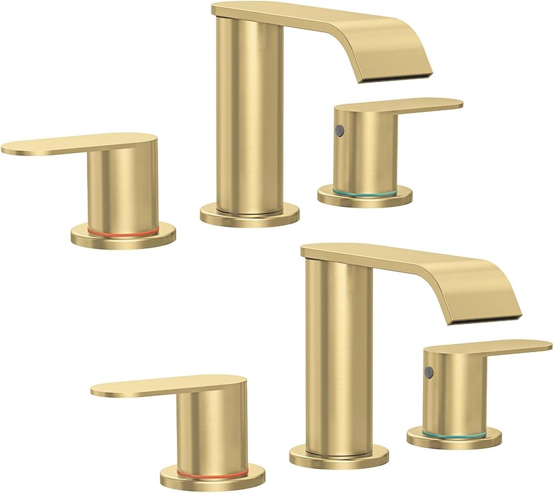 2 Pack Brushed Gold Bathroom Faucet 3 Hole 8 Inch Widespread Waterfall Bathroom Sink Faucets 2 Handles with Pop-up Drain and Supply Lines for Bath Vanity Commercial Lavatory Rv Restroom Homevacious