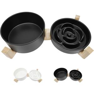 Ceramic Slow Feeder Dog Bowl Set-1 Cup Puzzle Dog Food Bowl & 850ML Water bowl with wooden stand for small dogs, Anti-Gulping,Anti-chewing,Anti-Slip,Black