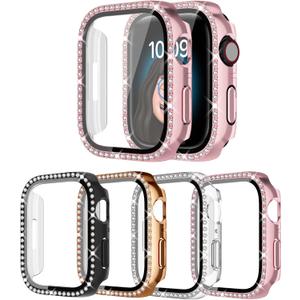 4 Pack Bling Case for Apple Watch SE 3/SE 2/SE/6/5/4 40mmm, Glitter Rhinestone Diamonds Protective Case with Tempered Glass Screen Protector Replacement Cover for iWatch 2025 (3nd Gen) SE 40mm Women (Black/Rose Gold/Pink/Clear)