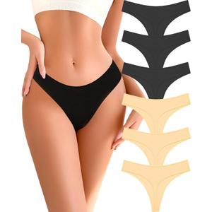 Cotton Underwear for Women Pack Breathable Thongs for Women Sexy Stretch Soft Womens Panties Thong (Medium, Black*3 / Nude*3)