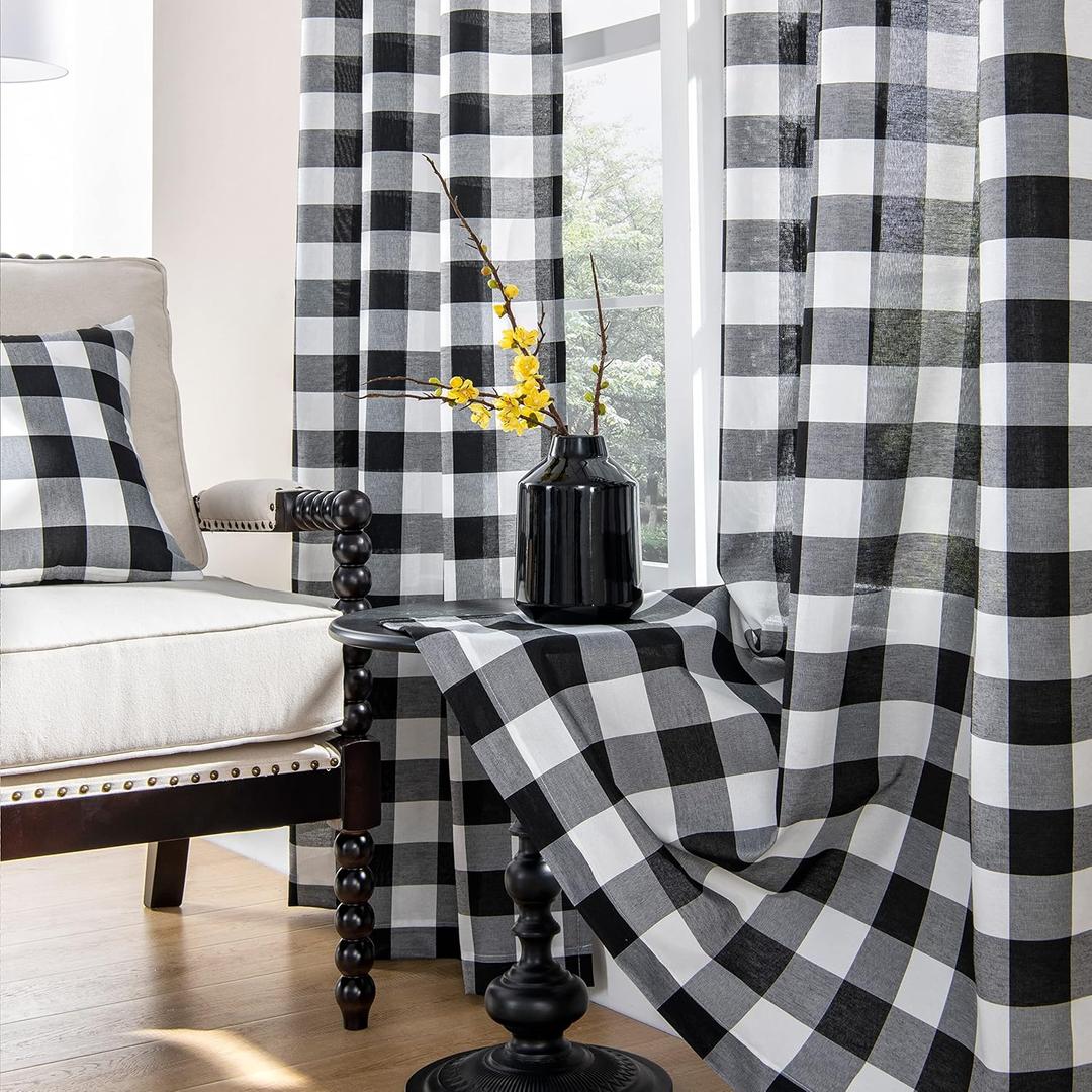 Buffalo Plaid Curtains, Black and White, Buffalo Check, Rustic, Farmhouse, Country, Antique, Vintage Style for Living Room, Bedroom, Kitchen - Set of 2 Panels, 42"84"2, Black/White