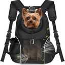 WOYYHO Pet Dog Carrier Backpack Small Dog Front Backpack Ventilated Mesh Dog Travel Back Pack with Safety Belt for Travel Hiking Cycling Outdoor Adventures (Size L: 10-14 lbs, Black)