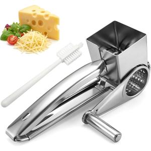 Stainless Steel Rotary Cheese Grater - Handheld Manual Food Shredder with Hand Crank for Hard Cheese, Chocolate and Vegetables, Dishwasher Safe