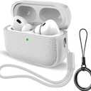Case for AirPods Pro 3 (2025 Release), Leather-Texture TPU Shockproof Protective Cover with Keychain, Wrist Strap, Front LED Visible  White