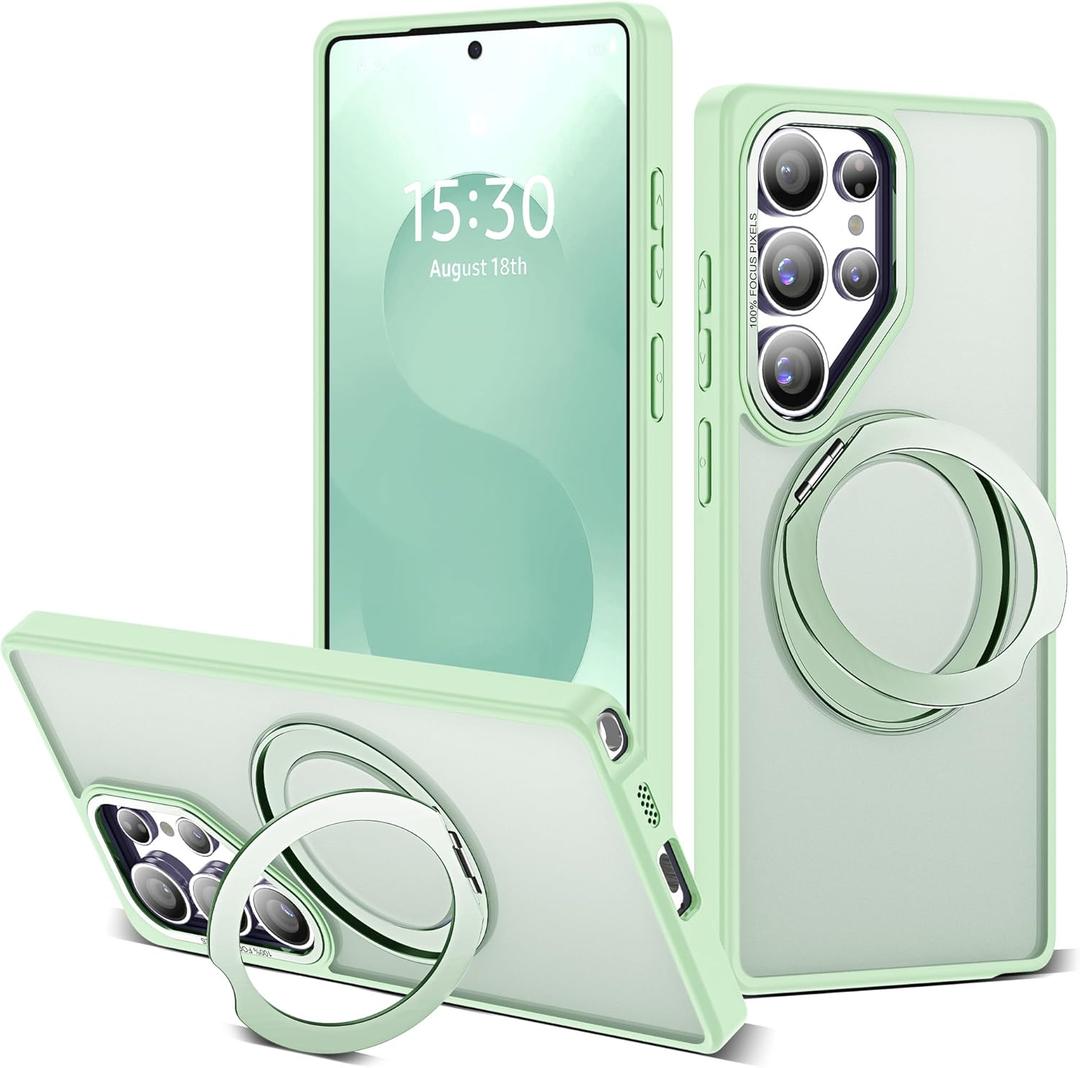 for Samsung Galaxy S25 Ultra Case with 360Rotatable Magnetic Ring Stand Compatible with Mag-Safe Military Protection Shockproof Matte Translucent Phone Cases for S25 Ultra 6.9",Green