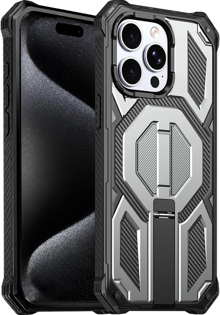 for iPhone 15 Pro Magnetic Case with Screen Protectors, Grey | Compatible with MagSafe, Concealed Kickstand, 2 Pack Screen Protectors, Military Grade, Double Layer, Shockproof Protection