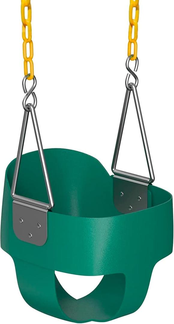 Jungle Gym Kingdom Baby Swing Outdoor - Heavy Duty Toddler Swing Set Accessories, High Back, Full Bucket Seat with Coated Chains for Outdoor Use - Fully Assembled - Green
