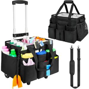 Large Rolling Cleaning Caddy Bag with Detachable Trolley,Cleaning Cart on Wheels with Shoulder Strap,Cleaning Supplies Organizer for Housekeepers,Black