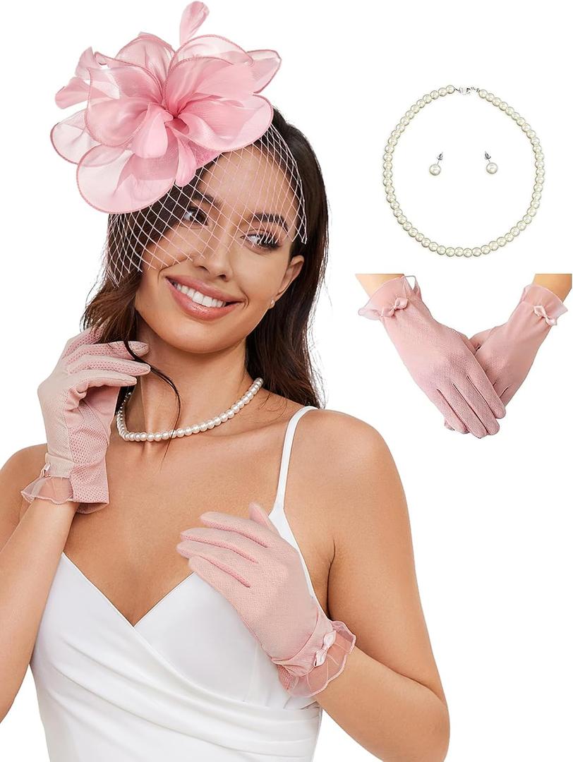 Ibeauti Fascinator Hats with Screentouch Lace Gloves Set for Women Tea Party Cocktail Wedding Derby Headwear Short Gloves (Pink)