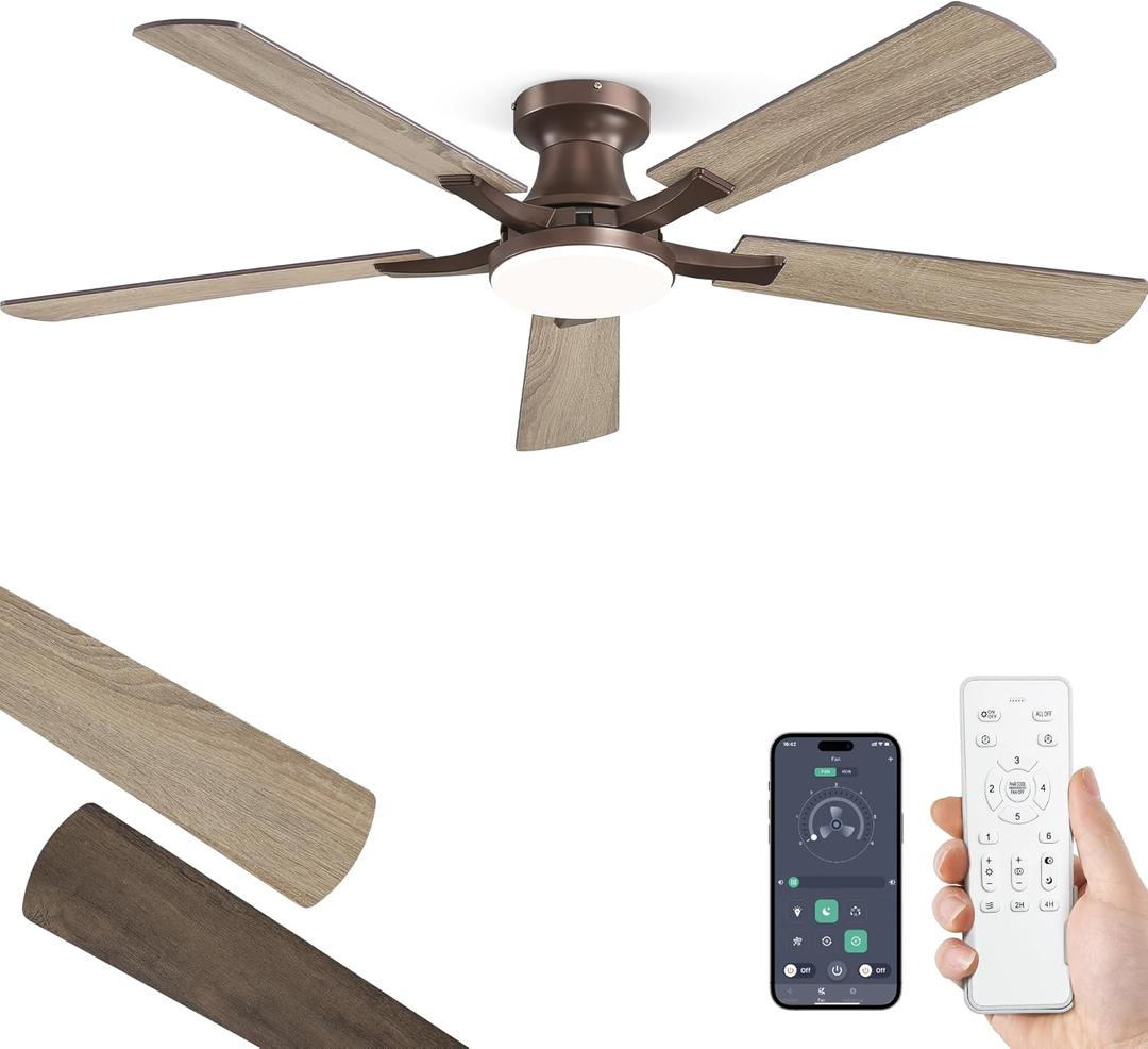ZMISHIBO 52 Inch Ceiling Fan with Light, App&Remote Control, Flush Mount Low Profile, Dimmable 20W LED Light, Quiet Reversible Motor for Bedroom, Living Room, Apartment, Brown