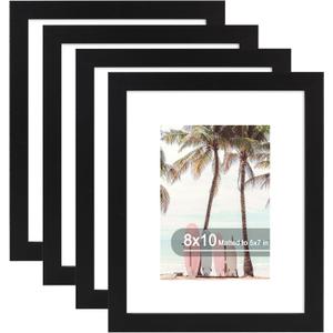 Hongkee 8x10 Picture Frame (4 Pack, Black) Made of Real Glass and Wooden Frame - Display Pictures 5x7 with Mat or 8x10 Without Mat, 8 by 10 Photo Frames TableTop Display and Wall Mounting