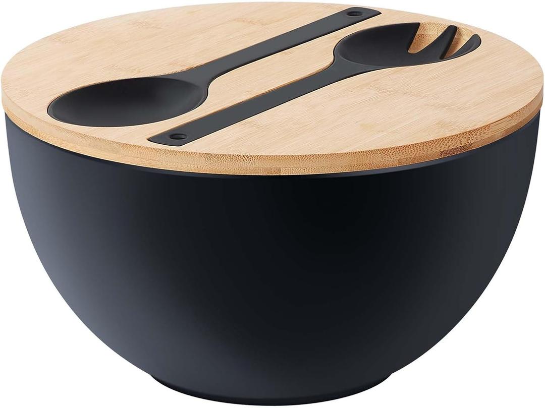 11.3" Extra Large Salad Bowl with Wooden Lid & Servers, 208Oz, Oversized Bamboo Fiber Salad Serving Set with Utensils for Home/ Kitchen, Big Lightweight Bowl for Mixing Salad, Fruit, Pasta - Matte Black