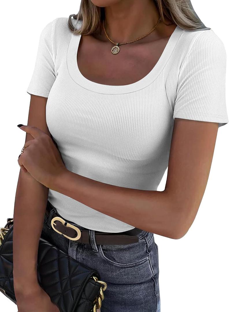 GKBK Womens Short Sleeve Tops Scoop Neck Ribbed Slim Fitted Basic Tee Shirts Cute Summer Tops Spring Outfits 2026 Trendy (White, XS)