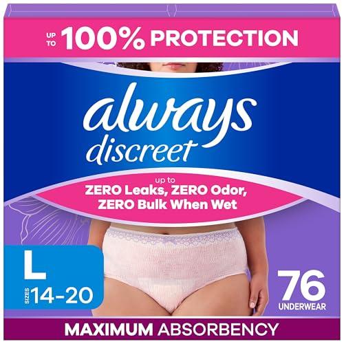 Always Discreet Adult Diapers for Women, Incontinence Underwear, Postpartum Essentials, Disposable Briefs, Max Absorbency, Bladder Leak Protection, Large, 76ct