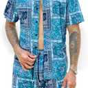 CAALEIS Men’s Summer 2 Piece Set – Short Sleeve Button Shirt & Drawstring Shorts Paisley Print Beachwear,small