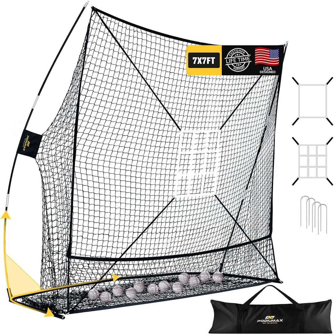 PodiuMax 7x7 Baseball & Softball Net with Upgraded Triangular Base, Large Ball Collection System, Softball Pitching Net with 2 Strike Zone, Baseball Nets for Batting Pitching Fielding