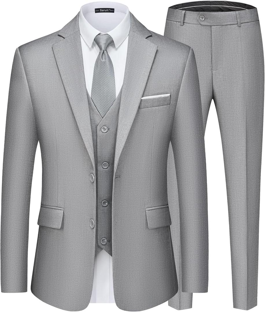 Men's Suits Slim Fit Tuxedo Suit Set 3 Piece 2-Button Solid Prom Wedding Party Blazer Vest Pants, M