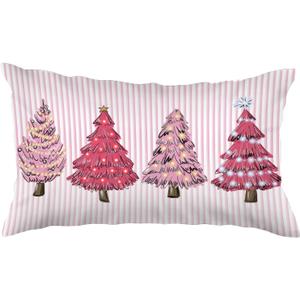 Pink Christmas Tree 12x20 Pillow Cover, Preppy Coquette Christmas Decor, Girly Pink Striped Xmas Tree Decorative Lumbar Pillow Covers for Girls Dorm Bedroom Living Room Sofa Couch
