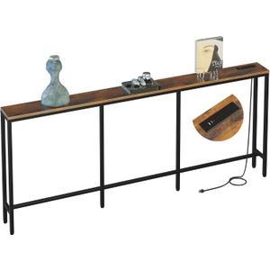 78.7" Behind Couch Table with Fast Charging Station, 7.1" Narrow Skinny Sofa Table with 2 Power Outlets, 2 USB-A, USB-C for Console Entryway, Rustic Brown, 78.7"L x 7.1"W x 32.3"H