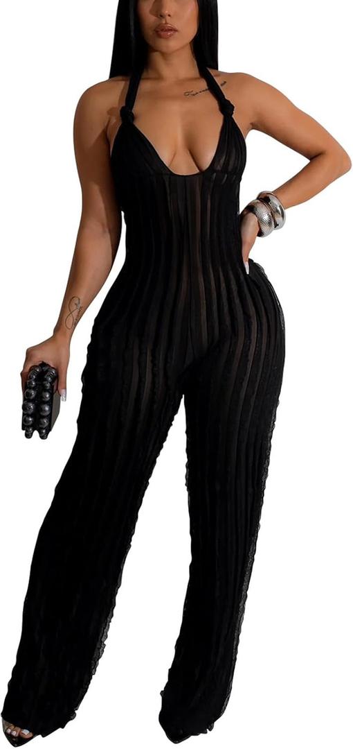 Adogirl Summer Sexy Halter Jumpsuits for Women V Neck Tie Knot Pleated Boho One Piece Wide Leg Long Pants Jumpsuit Romper (Medium, Black)