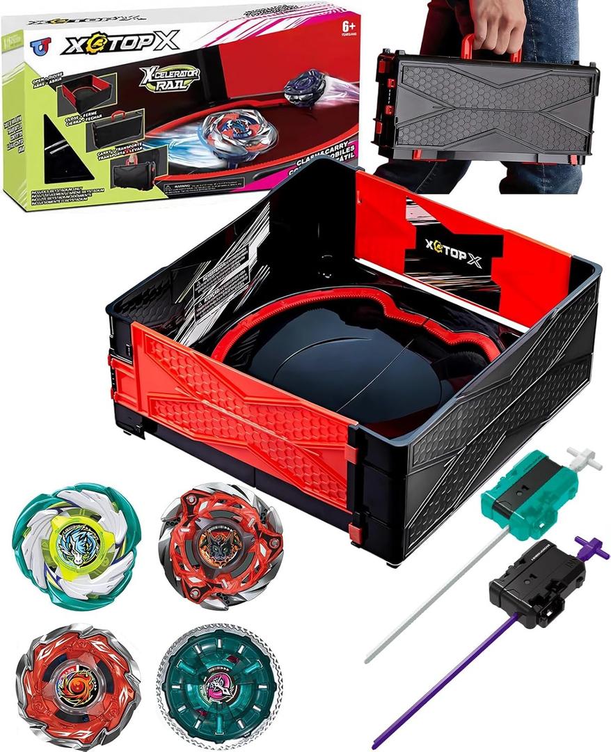 Desamvap Foldable Portable X Stadium Battle Arena Set, 4 Metal Fusion Attack Spinning-Top Toys with 2 Two-Way Launchers Combat Battling Game Toys Birthday Travel Gifts for Kids Ages 6+