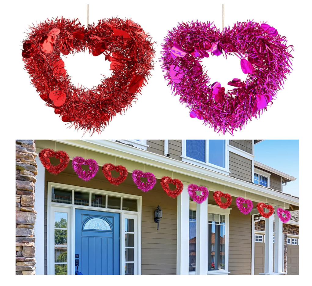 Suncalla 12 Pcs Valentine Heart Wreaths for Front Door 7 Inch Valentines Day Decorations with Heart Tinsel Red Valentine Ornaments for Anniversary Wedding Party Wall Window Mantel Decor