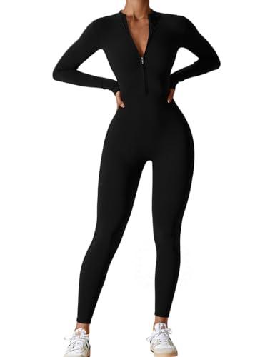 AEEZO Womens Long Sleeve Workout Jumpsuit Zip Up Yoga Rompers Sexy Tummy Control One Piece Bodycon Bottom Pants, XL