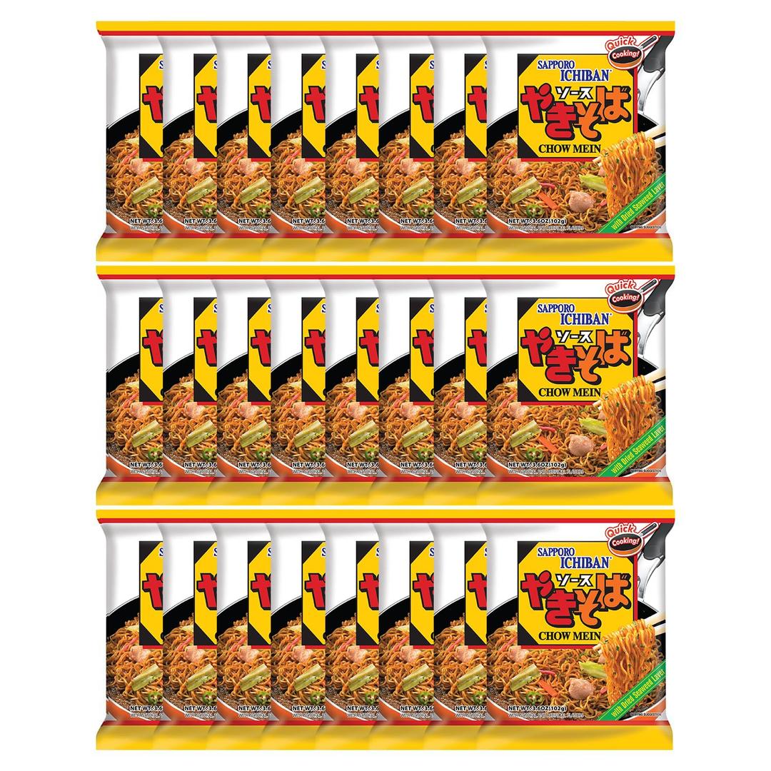 [SAPPORO ICHIBAN] Yakisoba, No.1 Tasting Instant Japanese Fried Noodles, Delicious Chow Mein (3.6 Oz. x 24 packs) | 24 Pack Case (EXP 09/18/26)