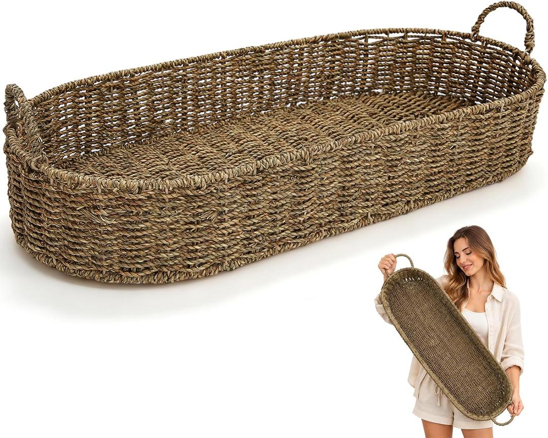 Extra Large Rectangle Seagrass Rattan Tray with Handle 30"x13"x5"
Jumbo Bankuan Tray, Stable Iron Wire Frame, Decorative Seagrass Woven Basket for Christmas Fall Rustic Farmhouse Decor