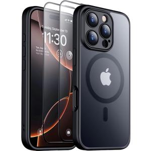 SPIDERCASE Magnetic for iPhone 16 Pro Max Case, Translucent Matte with 2PCS Tempered Glass Screen Protector [Upgraded Full Camera Protection] Anti-Scratch Slim Phone Case Slim Phone Case,Black