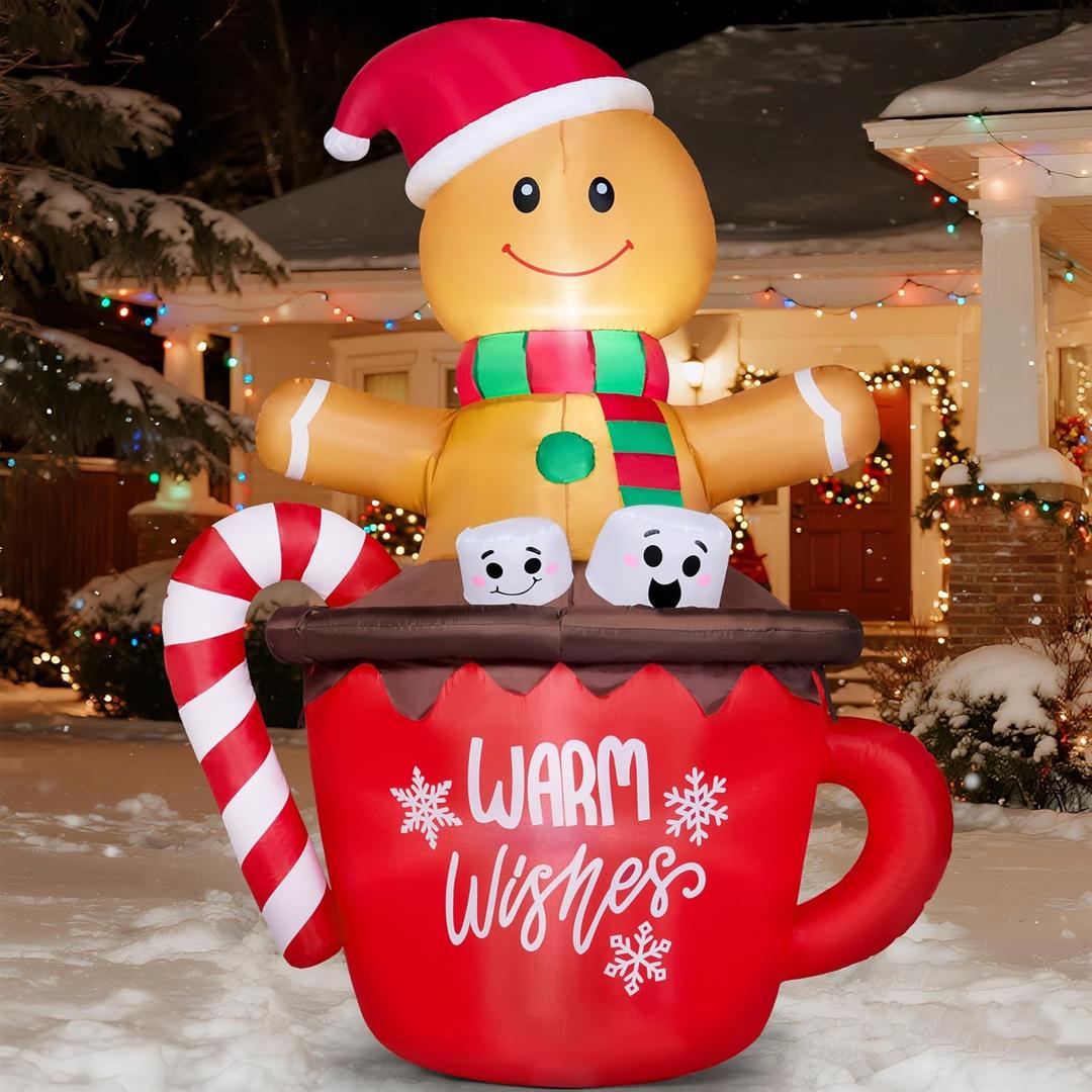 Joiedomi Christmas Inflatables Gingerbread Outdoor Decorations, Gingerbread Man in Hot Cocoa Mug with LEDs, Cute Christmas Blow Up Gingerbread Yard Decoration for Xmas Outdoor Garden Lawn Decor