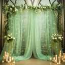 10x10ft Green Tulle Backdrop Curtain with Lights String for Parites, Sheer Photo Backdrop Curtains with Lights for Wedding Backdrop Ceremony Reception Bridal Shower Baby Shower Birthday Party (2 Panels(5*10FT))