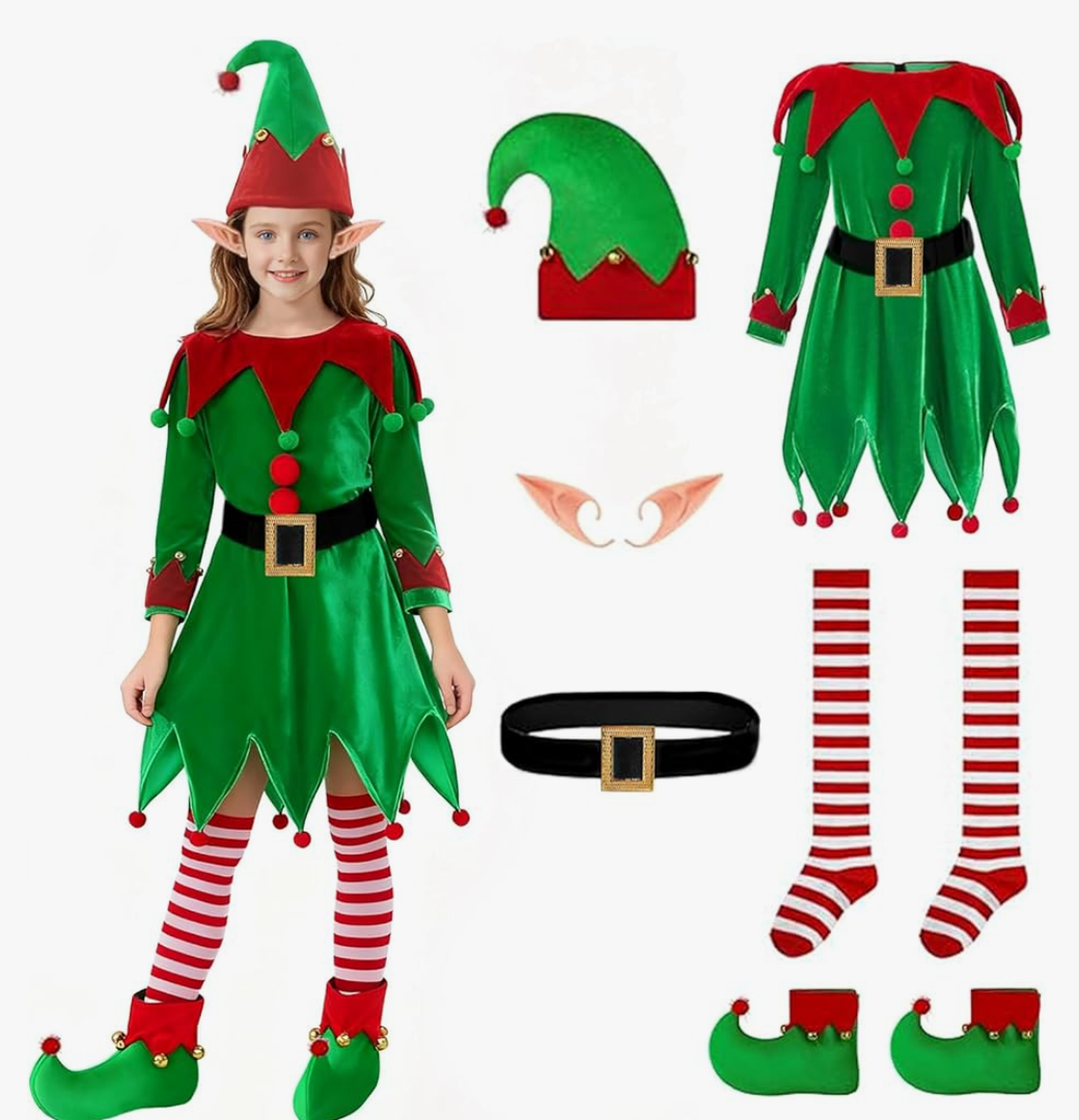 Christmas Girls Elf Costume: 6-Pack Kit Kids Holiday Helper Outfit with Velvet Dress Shoes Hat Belt Sock Ear
