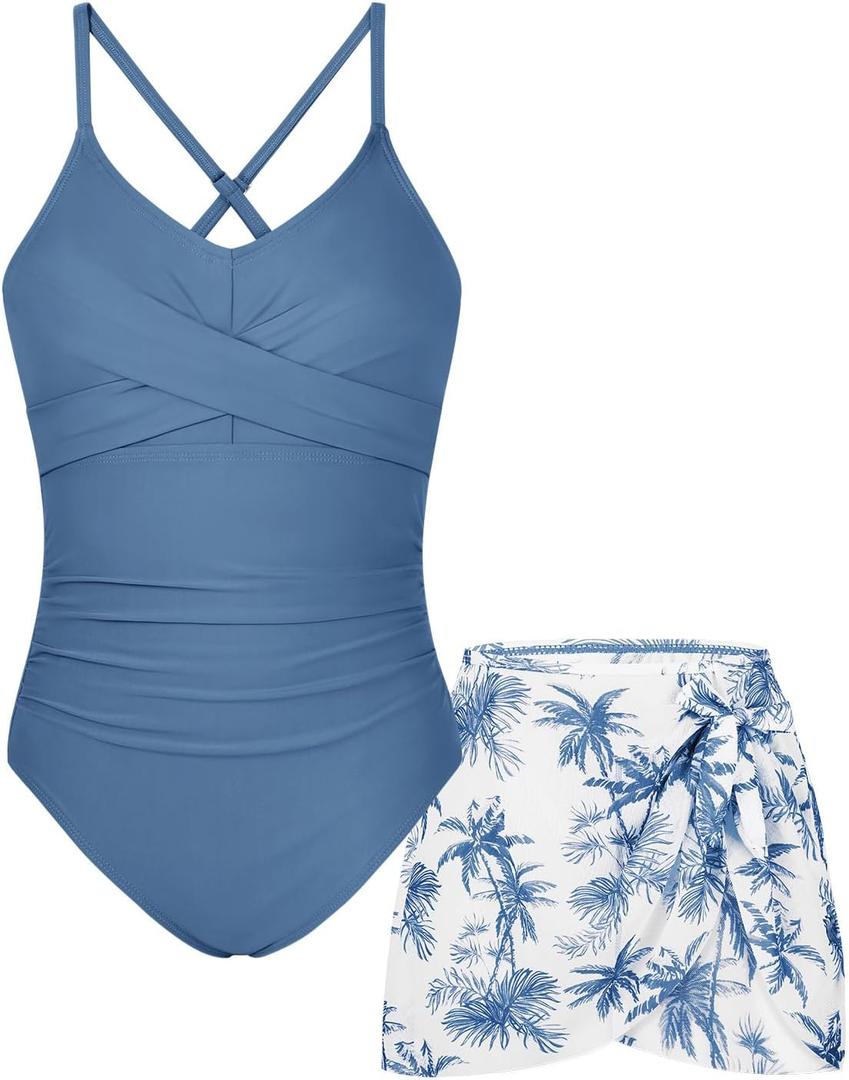 Girls One Piece Swimsuit with Cover Up Spaghetti Strap Cutout Ruched Bathing Suit Criss Cross Straps Swimwear (Blue, 13-4Y)