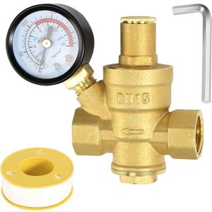 Water Pressure Regulator 1/2 inch with Gauge, Made of 100% High Hardness Brass, Adjustable Water Pressure Reducing Valve Water