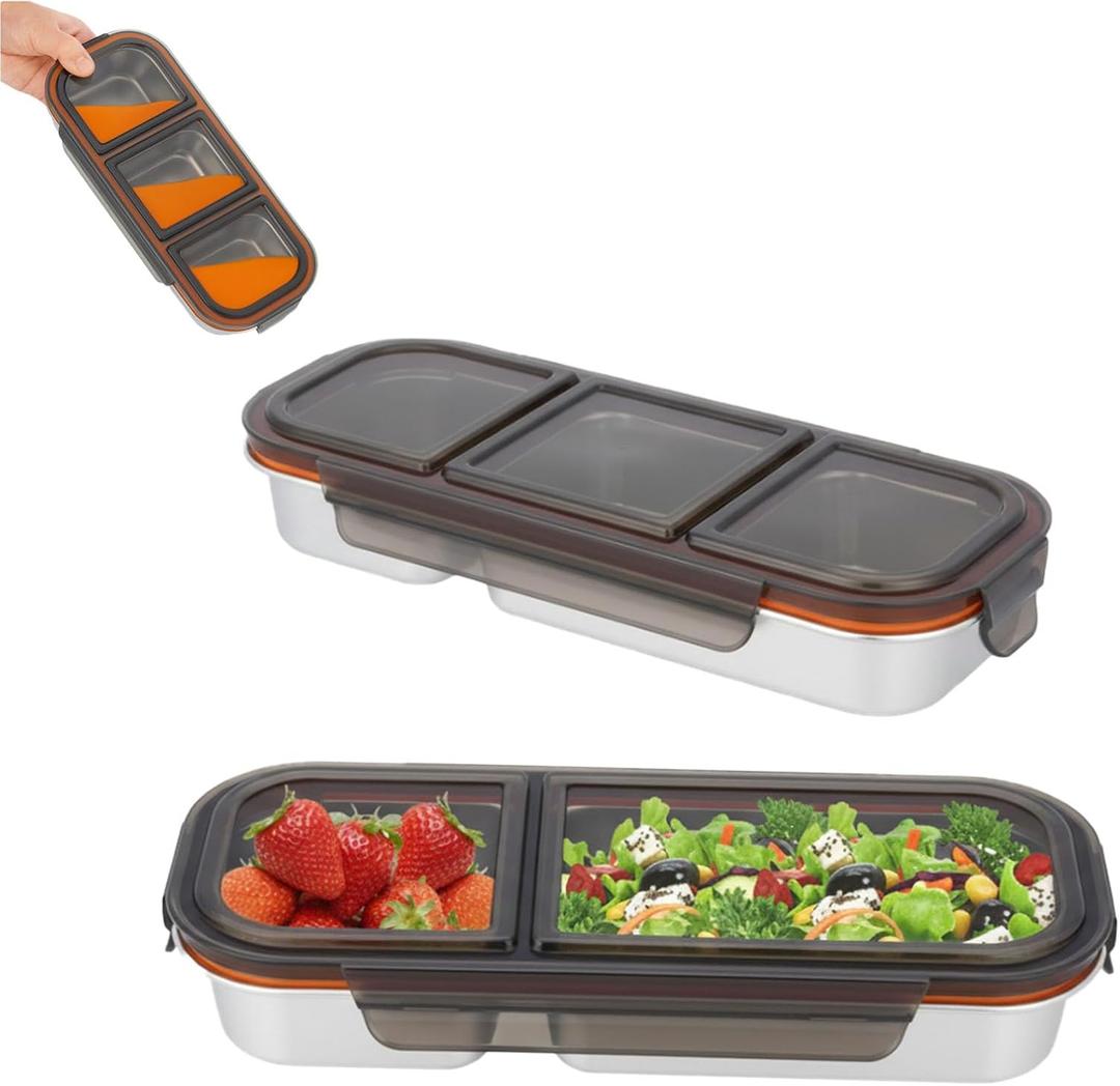 2PCS Premium Stainless Steel Lunch Box, 2&3 Compartments Bento Containers, Leakproof Metal Seamless One-Piece Design, Reusable, Family Healthy Choice for Meal Prep, Travel, Picnic, Office (Black)