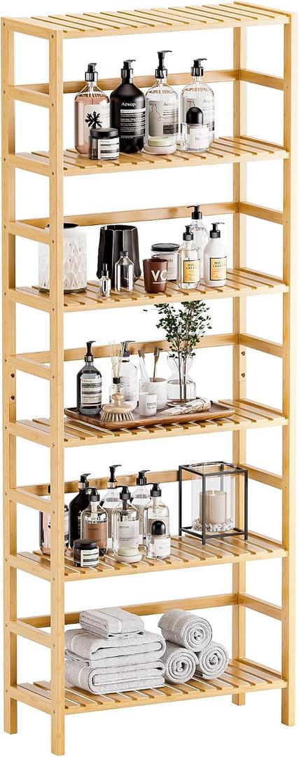 HITNET Bamboo Shelf, 6-Tier Adjustable Tall Open Bookcase, Bathroom Storage Rack Freestanding Shelving Unit, Plant Display Stand for Small Space, Natural
