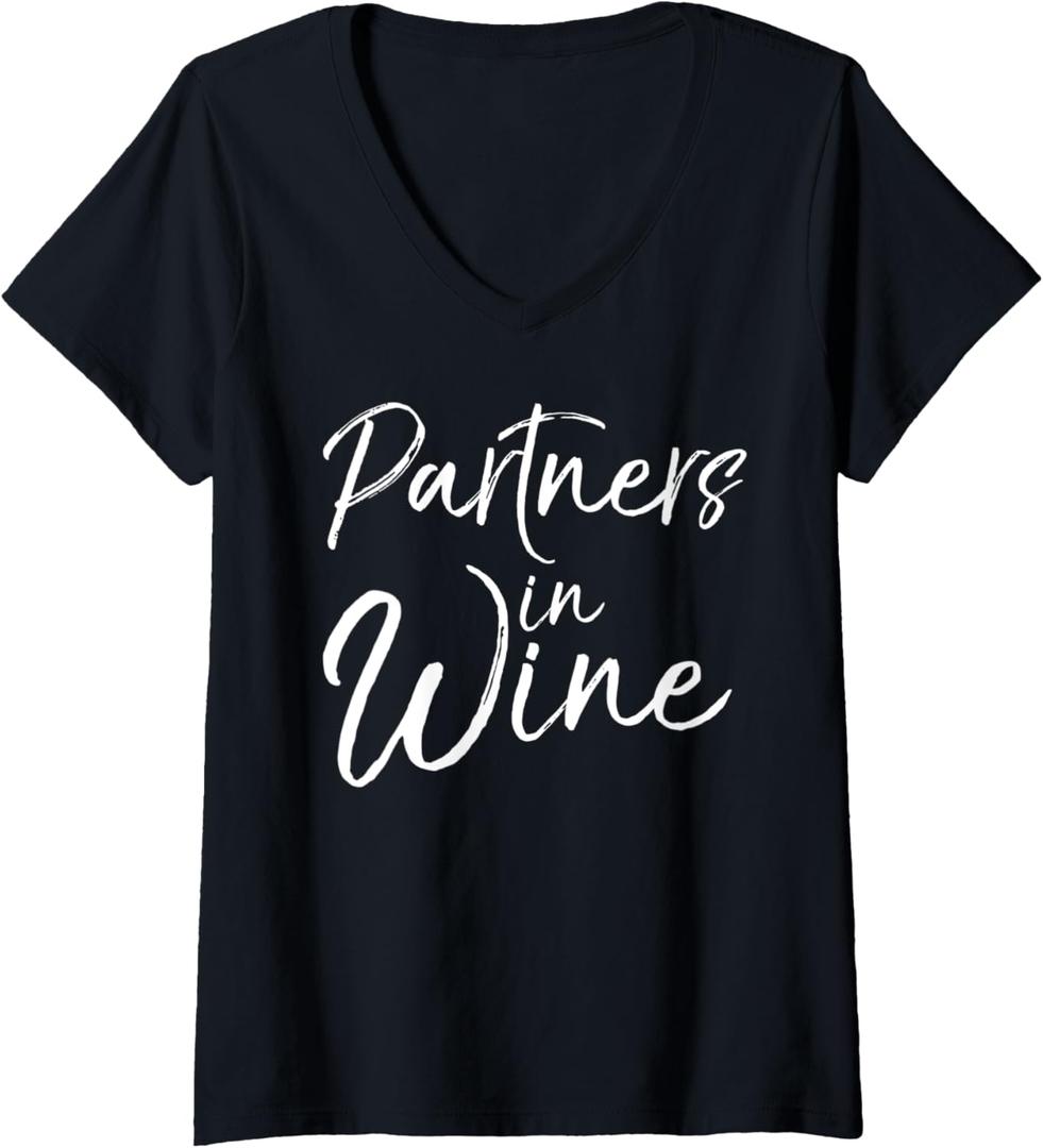 Womens Cute Matching Wine Club Gifts for Women Partners in Wine V-Neck T-Shirt (Black, L)
