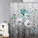Rustic Farmhouse Teal Floral Shower Curtain, Farm Teal Daisy Flowers and Butterfly Shower Curtain for Bathroom, Country Turquoise Gray Fabric Boho Shower Curtain Set with 12PCS Hooks, 70X70IN, Flower 