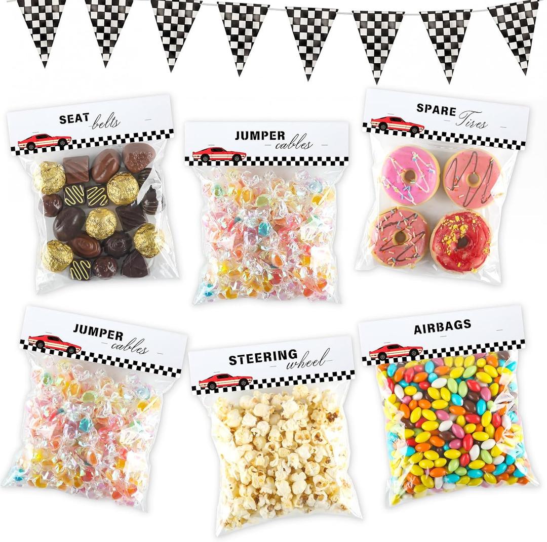 Teyva Daily 50 Sets Race Car Party Favor Bags Race Car Birthday Goodie Treat Bags with Checkered Flag Racing Tags and Stapler for Birthday Baby Shower Decorations Party Supplies, 5 Styles