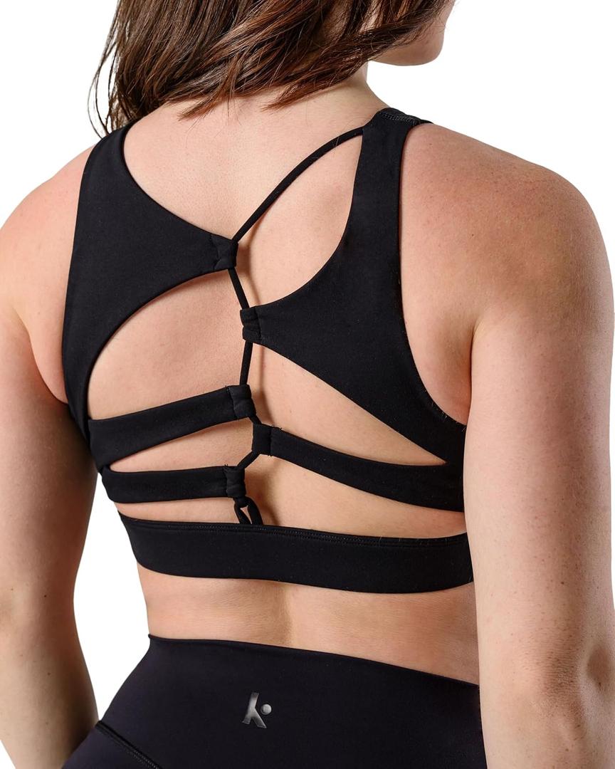Kamo Fitness Featherlite Nora High Impact Sports Bras for Women - High Neck Workout Crop Built-in Bra and Asymmetric Cutouts (Small, Black)