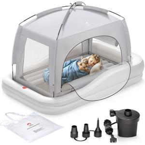 QPAU Inflatable Toddler Travel Bed with Tent, Portable Kids Air Mattress with Safety Sides, Ideal for Home, Grandma's, Camping, Traveling -Includes Fast Electric Pump