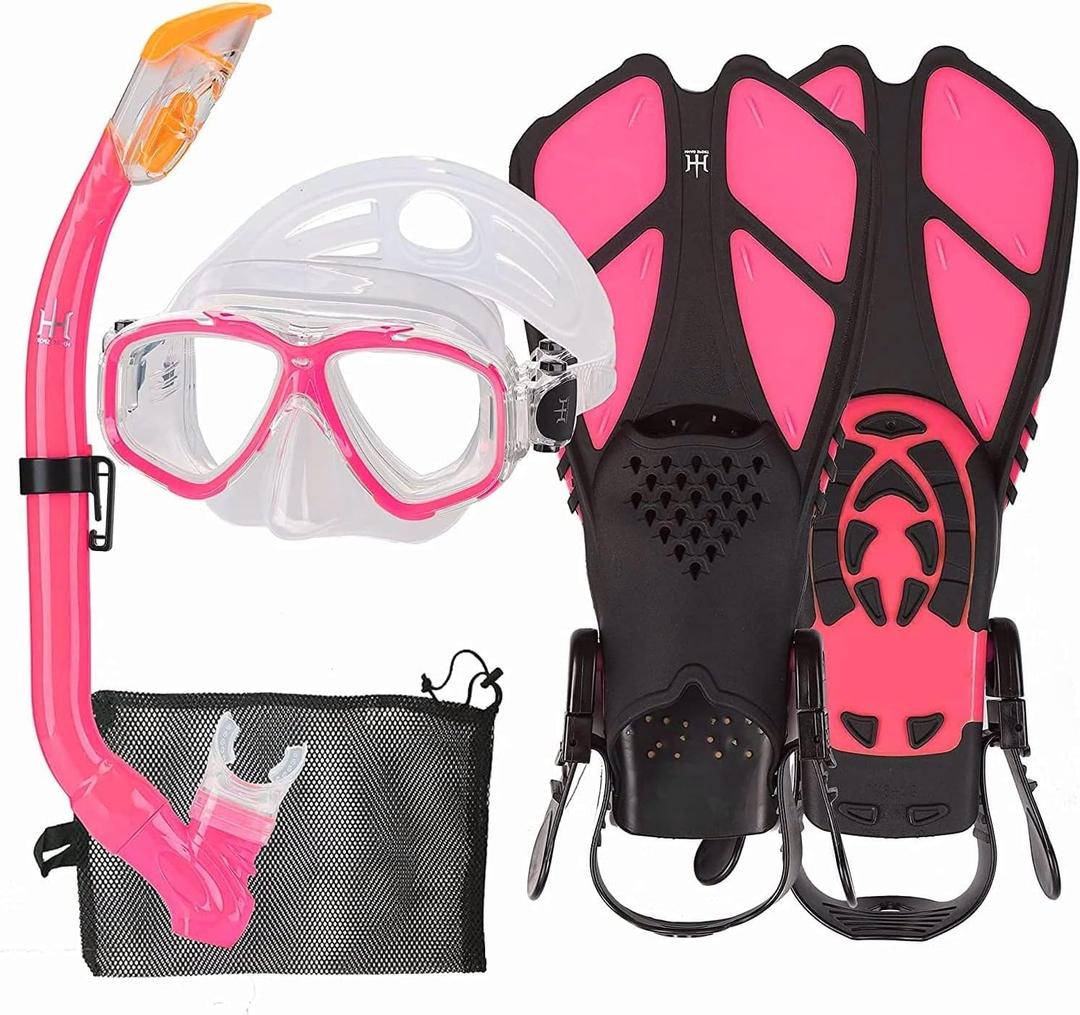 Kids Mask Fins Snorkel Set Snorkeling Packages, with Diving Mask, Snorkel, Adjustable Swim Fins, Mesh Bag, Anti-Fog Anti-Leak Snorkeling Gear for Kids for Snorkeling Swimming Diving (Pink)