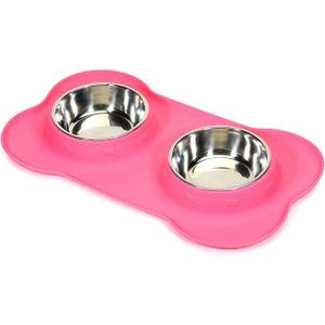 AsFrost Dog Food Bowls Stainless Steel Pet Bowls & Dog Water Bowls with No-Spill and Non-Skid, Feeder Bowls with Dog Bowl Mat for Dogs Cats and Pets-Pink, 24 0z in Total