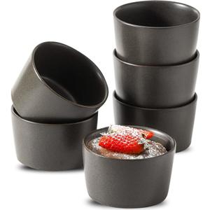 Ramekins 6 oz, Oven Safe Soufflé Dishes for Creme Brulee, Souffle, Pudding, Lava Cake, Stoneware Custard Cups for Baking, Ceramic Sauce Bowls Set of 6, Kitchen Decor Gift, Matte Black