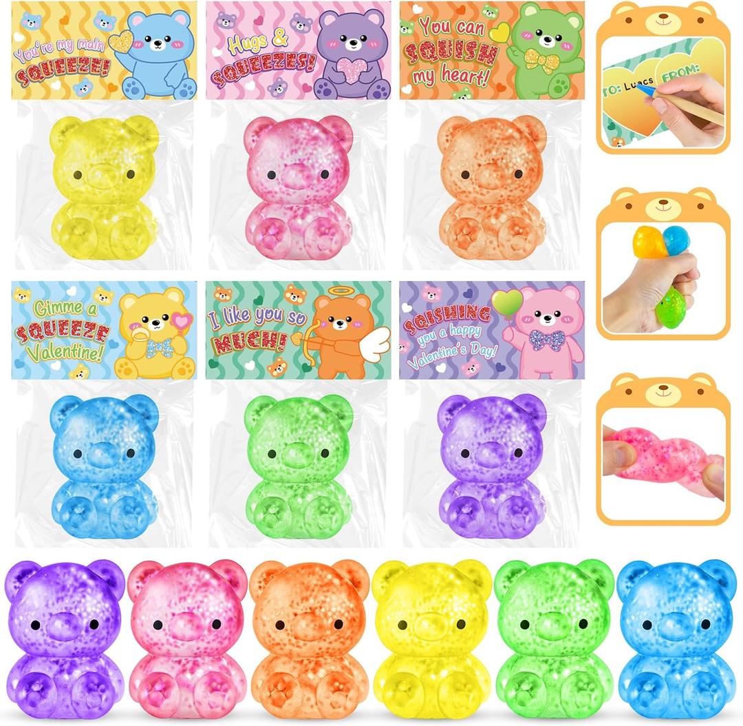 24 Pack Valentines Day Bear Toys, Valentines Day Cards for Kids for Classroom Gifts Exchange Prize, Sen Sory Stress Relief Valentine's Party Favors Gift Exchange Rewards