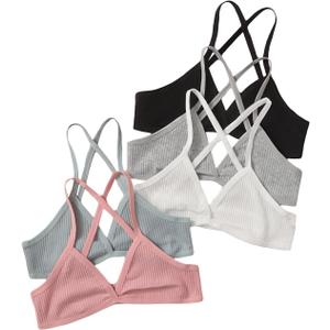 COZYEASE Women's 5 Piece Solid Ribbed Knit Criss Cross Wireless Bralettes Underwear (3X-Large, Multicolor)