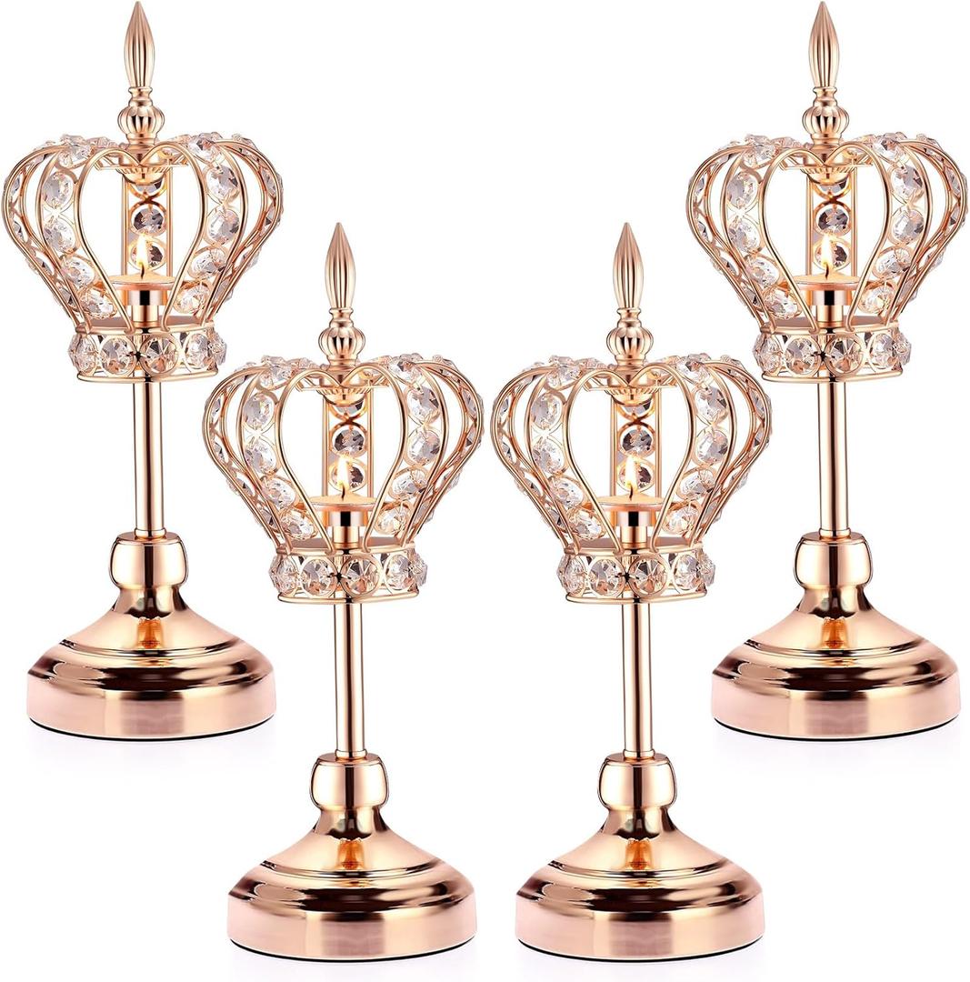 Mumufy 4 Pcs Gold Crystal Candle Holders Crown Candlestick 13.8 Inches Tealight Holders Metal Candelabra Vintage Votive Candlesticks Elegant Candle Centerpiece for Wedding Festival Dining Table Decor